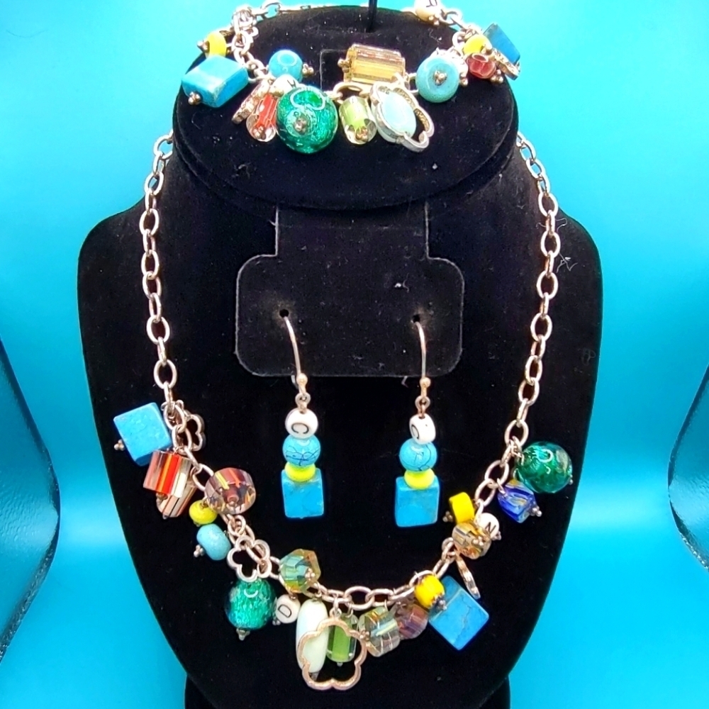 Boutique 3 Piece Bundle Beads and Glass - Necklace, Bracelet, and Earrin…